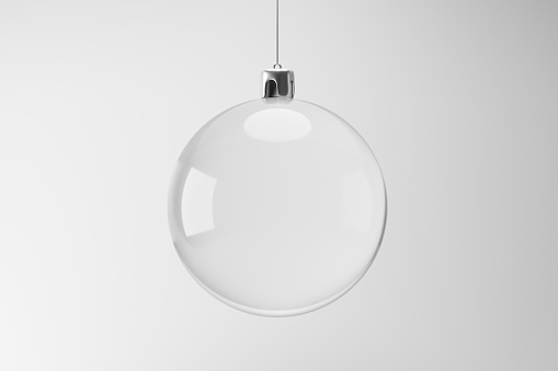 Empty light bulb or snow globe hanging on white background with decorative design concept. Realistic snow globe template for design. 3D rendering.