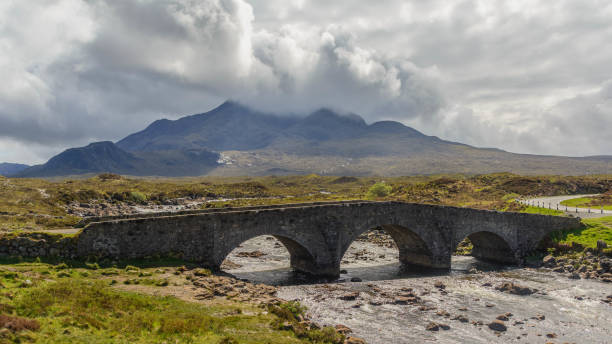 istock Old vintage brick bridge crossing river in Sligachan 1225732325