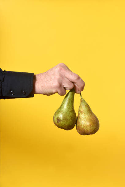 un uomo che tiene cose e oggetti sul giallo - two pears foto e immagini stock