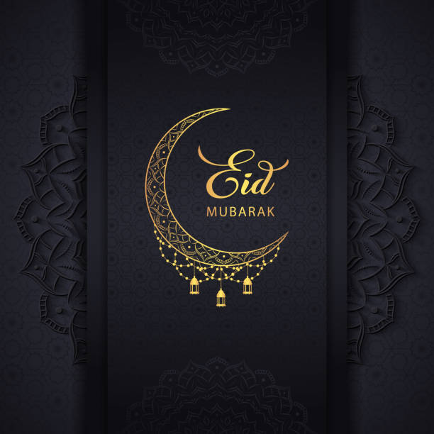 eid mubarak schwarz hintergrund gruß design mit schönen mandala kunst, goldener mond, islamische laterne und arabischen muster - eid stock-grafiken, -clipart, -cartoons und -symbole