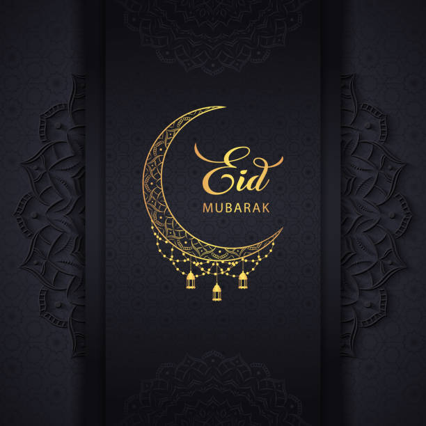 illustrazioni stock, clip art, cartoni animati e icone di tendenza di eid mubarak black background greeting design con bella arte mandala, luna dorata, lanterna islamica e motivo arabo - abstract design pattern mandala