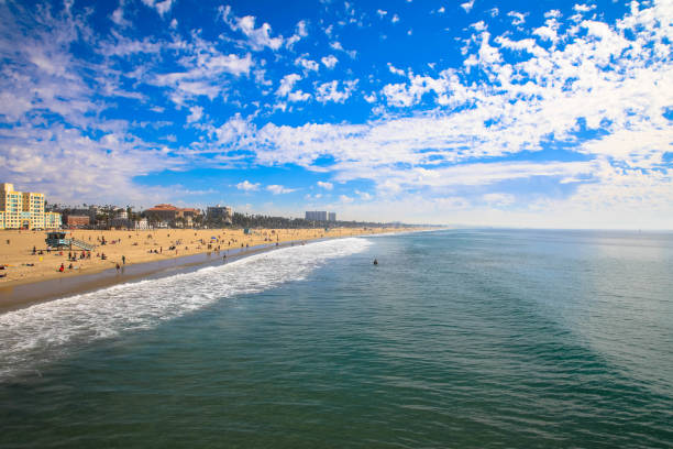 santa monica beach view from pier in california usa - santa monica surfing beach city of los angeles imagens e fotografias de stock