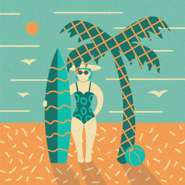 istock Summer poster. Beach, palm and girl with surfboard. Traveling template poster. Vector illustration 1225734698