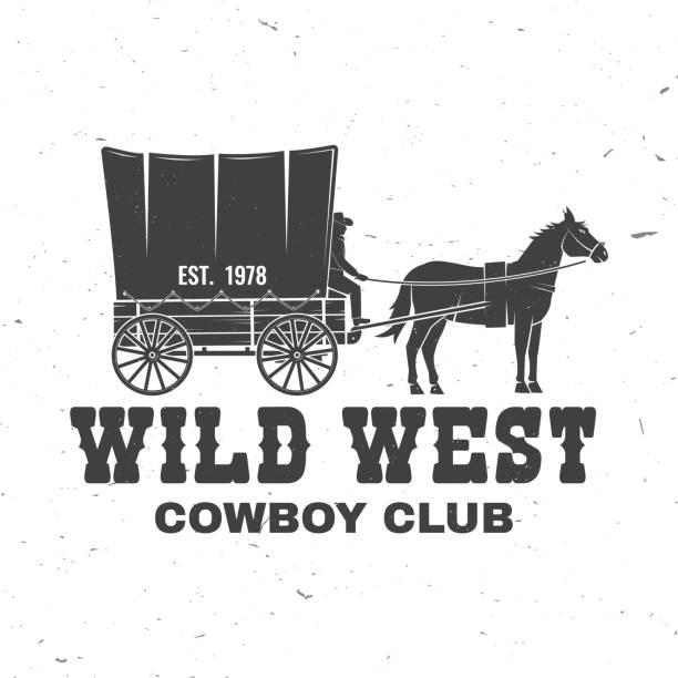 Cowboy club badge. Wild west. Vector. Concept for shirt, logo, print, stamp, tee with cowboy and covered wagon. Vintage typography design with western wagon silhouette. Cowboy club badge. Wild west. Vector illustration. Concept for shirt, logo, print, stamp, tee with cowboy and covered wagon. Vintage typography design with western wagon silhouette. covered wagon stock illustrations