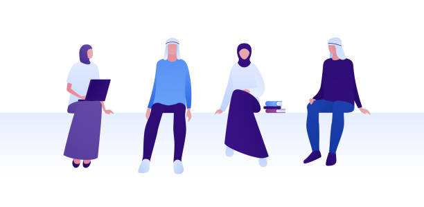 illustrazioni stock, clip art, cartoni animati e icone di tendenza di educazione musulmana nel concetto di dipendente di college e ufficio. set di illustrazioni vettoriali per persone piatte. gruppo di studenti seduti. uomo e womale in hijab con libro e laptop. progettare per l'infografica. - islam women men arabia