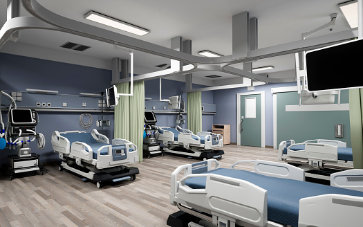 3D illustration of medical bed and ventilator in the hospital