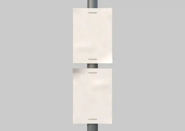 A street pole with two blank weathered advertising boards attached to it - 3D render