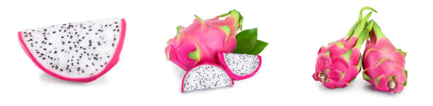 istock Ripe Dragon fruit, Pitaya or Pitahaya isolated on white background, fruit healthy concept. Set or collection 1225738847