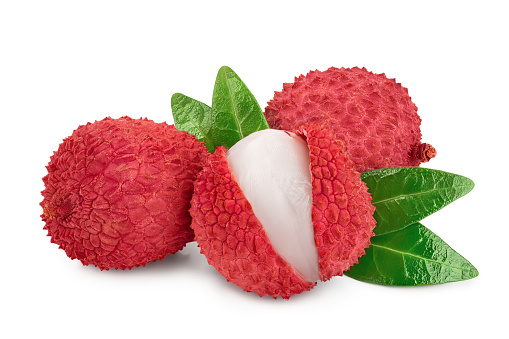 Set of lychees fruits isolated on white backgrounds.