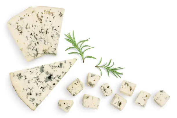 Blue cheese slices with rosemary isolated on white background with clipping path and full depth of field. Top view with copy space for your text . Flat lay