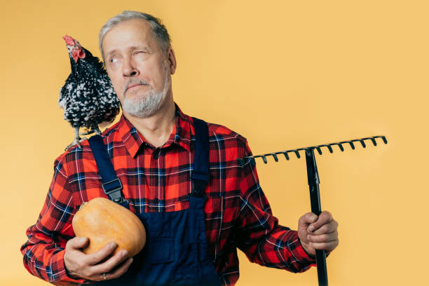 istock funny man is looking at the hen on his shoulder 1225742129