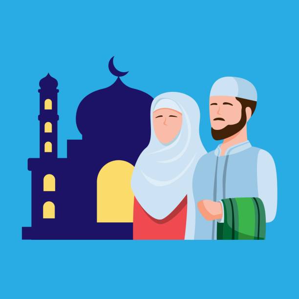Man and woman in front of mosque building silhouette. Symbol of Ramadan season in Islam religion, concept in cartoon flat illustration vector Man and woman in front of mosque building silhouette. Symbol of Ramadan season in Islam religion, concept in cartoon flat illustration vector allah the god islam cartoons stock illustrations