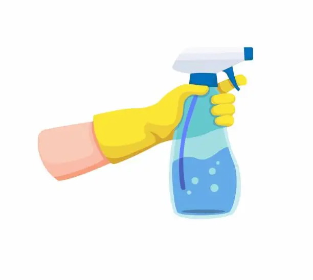 Vector illustration of hand with yellow glove holding spray transparent plastic bottle for disinfectant or cleaning. cartoon illustration on white background