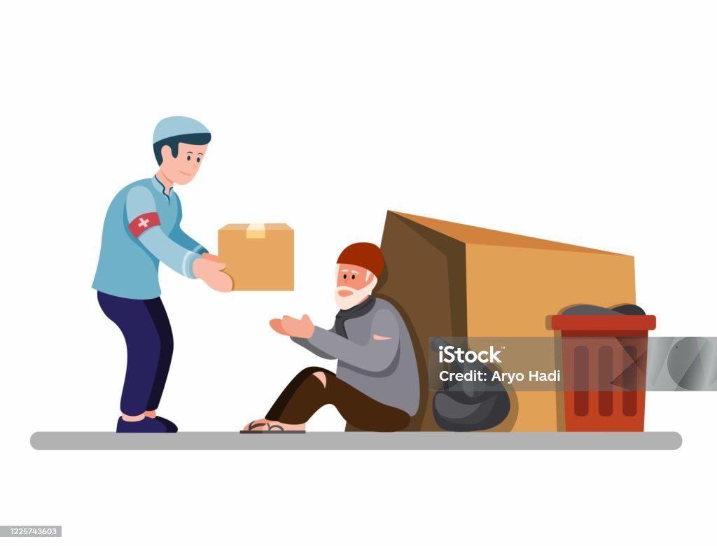 Muslim Man Giving Food Box To Homeless People Volunteer Help And Support  Poor Old Man In Cartoon Flat Illustration Vector Isolated In White  Background Stock Illustration - Download Image Now - iStock
