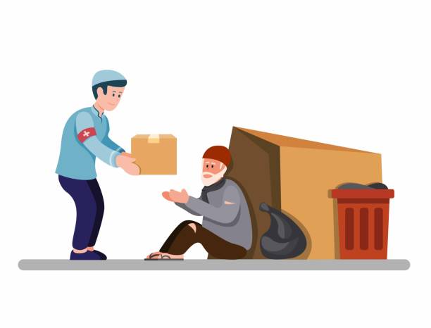 muslim man giving food box to homeless people, volunteer help and support poor old man. in cartoon flat illustration vector isolated in white background muslim man giving food box to homeless people, volunteer help and support poor old man. in cartoon flat illustration vector isolated in white background alms stock illustrations