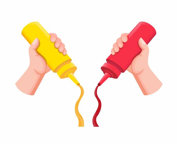 ilustrações, clipart, desenhos animados e ícones de segurando mão e apertando mostarda e ketchup garrafa de plástico em alimentos em cartunista vetor ilustração plana - hot dog snack food ketchup