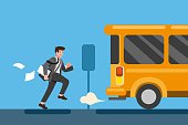businessman late for work or a meeting. Employee is running after bus. cartoon flat Illustration vector