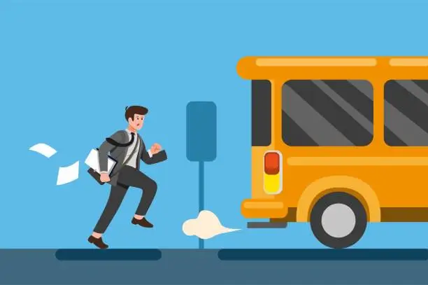 Vector illustration of businessman late for work or a meeting. Employee is running after bus. cartoon flat Illustration vector