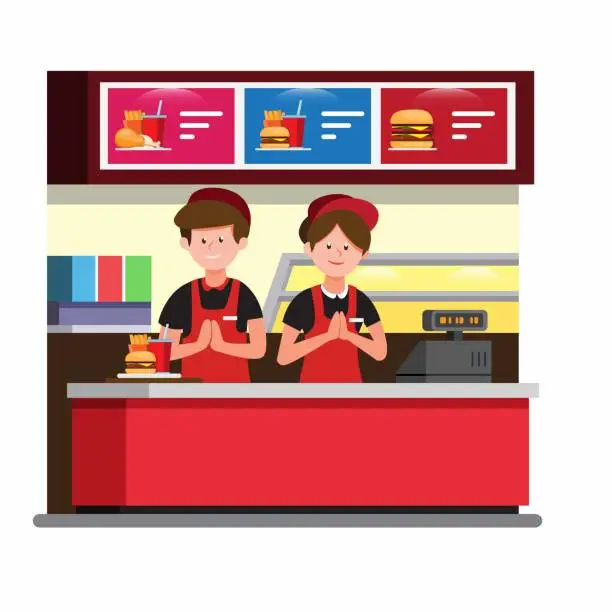 Vector illustration of fast food cashier counter, man and woman wear uniform work in burger restaurant in cartoon flat illustration