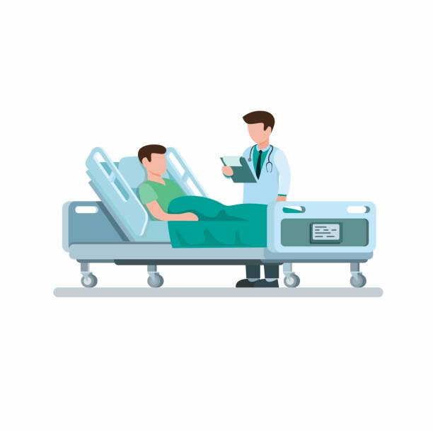 Doctor visiting patient and explains the diagnosis of the disease in cartoon flat illustration vector isolated in white background Doctor visiting patient and explains the diagnosis of the disease in cartoon flat illustration vector isolated in white background hospital ward stock illustrations