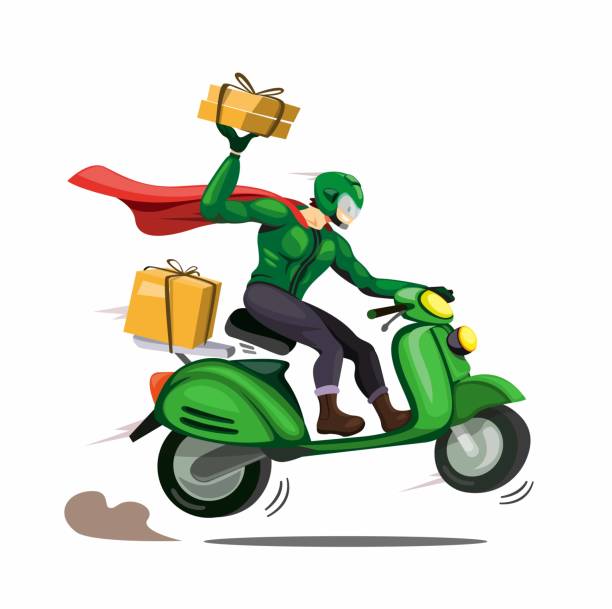 courier man with cloak delivery package to customer ride motorbike. character in cartoon comic illustration vector isolated in white background courier man with cloak delivery package to customer ride motorbike. character in cartoon comic illustration vector isolated in white background super bike stock illustrations