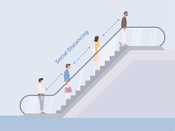 illustrazioni stock, clip art, cartoni animati e icone di tendenza di persone che indossano una maschera che fanno distanziamento sociale mentre sono in coda sulla scala mobile in un grande magazzino. la nuova normalità. prevenire la diffusione del covid-19. - moving stairway