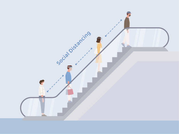 ludzie ubrani w maskę robią społeczne dystansowanie stojąc w kolejce na ruchomych schodach w domu towarowym. nowy normalny. zapobiec rozprzestrzenianiu się covid-19. - escalator stock illustrations