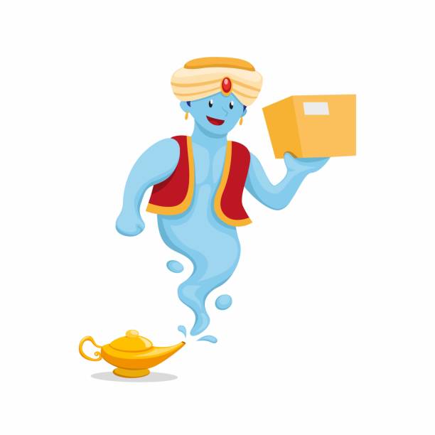 ilustrações de stock, clip art, desenhos animados e ícones de genie with magic lamp carrying package, courier express shipping and delivery mascot in cartoon flat illustration vector - magic lamp genie lamp smoke