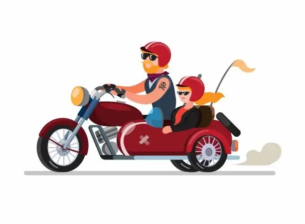 Vector illustration of couple man and woman riding motorbike with sidecar or sespan modification in cartoon flat illustration vector isolated in white background