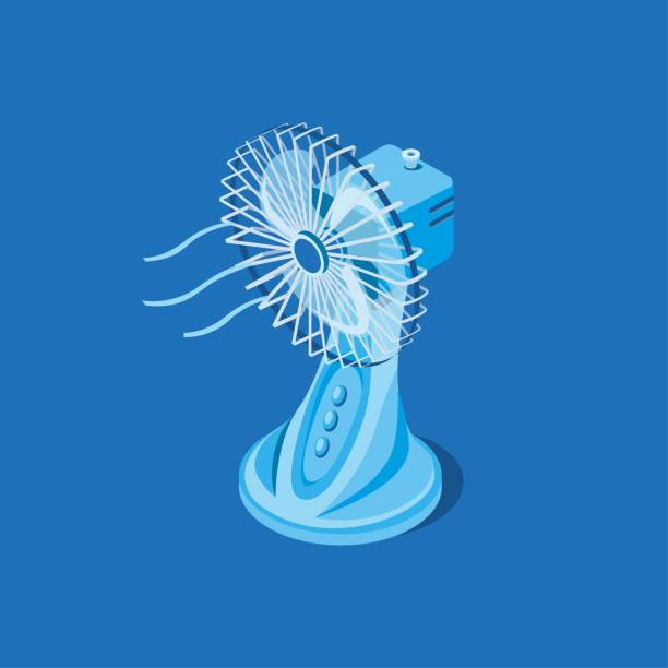 Electric desk fan in isometric illustration vector isolated in blue background Electric desk fan in isometric illustration vector isolated in blue background electric fan stock illustrations