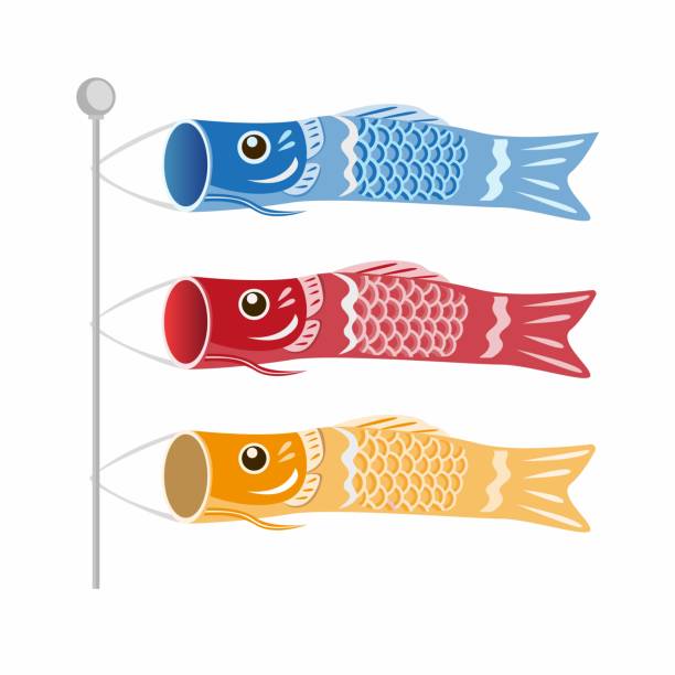 Japanese Children`s Day Koinobori, Fish Carps Flags in three color icon set in flat illustration vector isolated in white background Japanese Children`s Day Koinobori, Fish Carps Flags in three color icon set in flat illustration vector isolated in white background sky kite stock illustrations