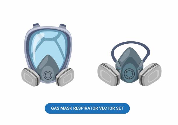 Masker gas respirator workwear in full face and half face vector set cartoon illustration isolated in white background Masker gas respirator workwear in full face and half face vector set cartoon illustration isolated in white background gas mask stock illustrations