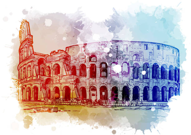 kolosseum in rom, italien. vintage-design. lineare skizze auf einem aquarell strukturierten hintergrund - rome stock-grafiken, -clipart, -cartoons und -symbole