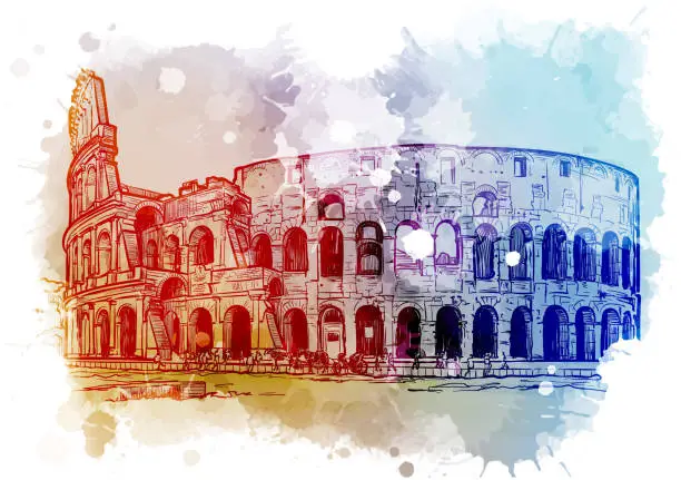 Vector illustration of Coliseum in Rome, Italy. Vintage design. Linear sketch on a watercolor textured background