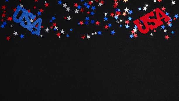 istock Frame border blue red white confetti and USA decorations on dark background. Happy Independence DAY USA, 4t of July celebration concept. 1225747417