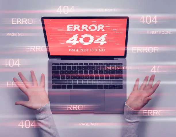 Displeased spread hands, 404 page not found on laptop screen. Double exposure with interference