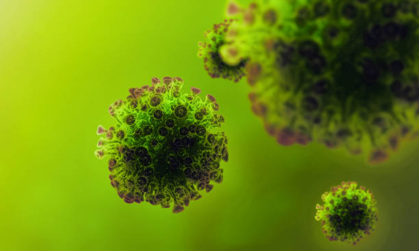 istock Macro view of novel coronavirus pneumonia cells, 3D illustration with empty space 1225748551