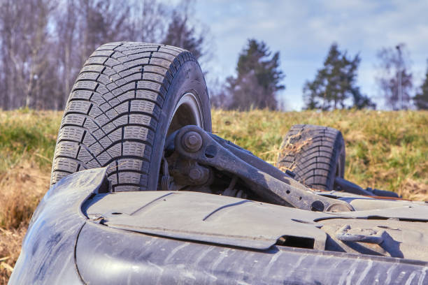March 30, 2020, Kekava, Latvia: car accident on the slippery road, tthe car got off the road and rolled over onto the roof