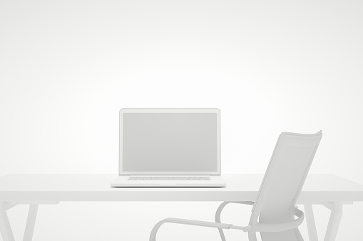 3D Rendering of Workplace, Technology Idea Concept, Blank screen laptop. White Background.