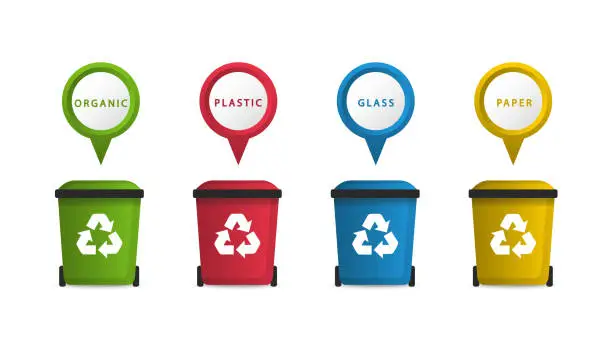 Vector illustration of Trash cans in a flat style. Sorting garbage. Waste sorting. Recycling garbage