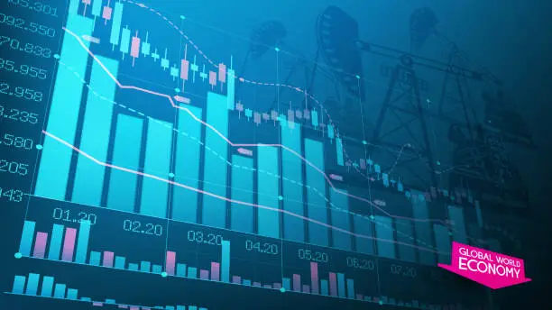 Vector illustration of Blue vector background. World economic crisis. Oil product prices. Stock market trading infographics. Forex charts with candles. World Trade Network. Oil derricks.