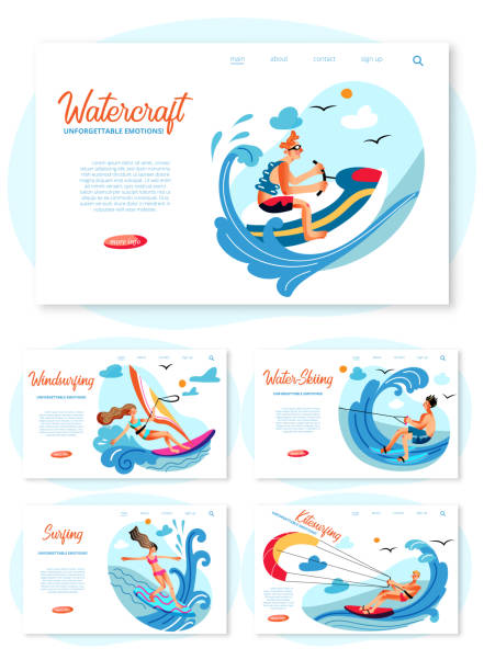 zestaw strony docelowej promocji sportów wodnych - windsurfing obrazy stock illustrations