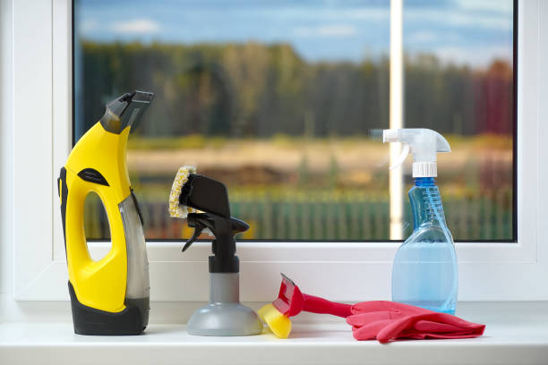 istock Cleaning product concept windowsill with accessories for window washing. 1225757153