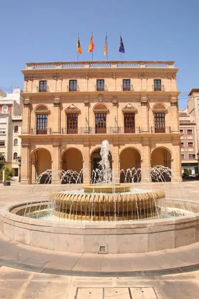 Castellón City Council or Palau Municipal of the city of Castellón de la Plana. Baroque style, overlooks the Plaza Mayor, in front of the co-cathedral of Santa Maria and El Fadrí, Valencia district, Spain.