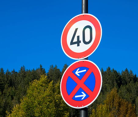 Road sign speed limit 40 and absolute no stopping sign. Against the background of blue sky