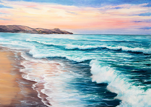 Original  oil painting of beautiful purple sunset over ocean beach on canvas.Modern Impressionism, modernism,marinism