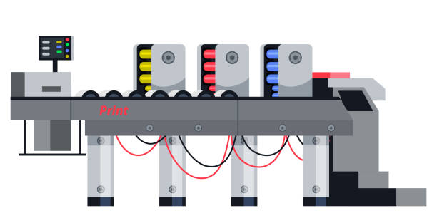 illustrazioni stock, clip art, cartoni animati e icone di tendenza di attrezzature professionali per agenzia pubblicitaria. illustrazione vettoriale - printing press print printout colors