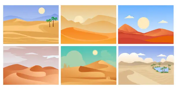 Vector illustration of desert landscape. cartoon tropical exotic backgrounds with sand horizon and hot shining sun. vector summer pictures