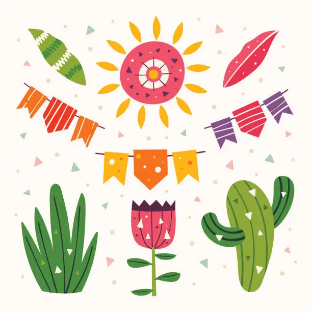 Vector illustration of Mexico clip art. Cute sun, flags, cactus, grass, flower and leaves. Mexican party. Latin America holiday. Flat colourful vector illustration, set of elements isolated on background.