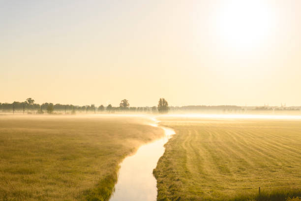 Early morning sunrise during a beautiful springtime day over the Zwartendijk, the old Zuiderzee levee in the IJsseldelta near Kampen in Overijssel The Netherlands.